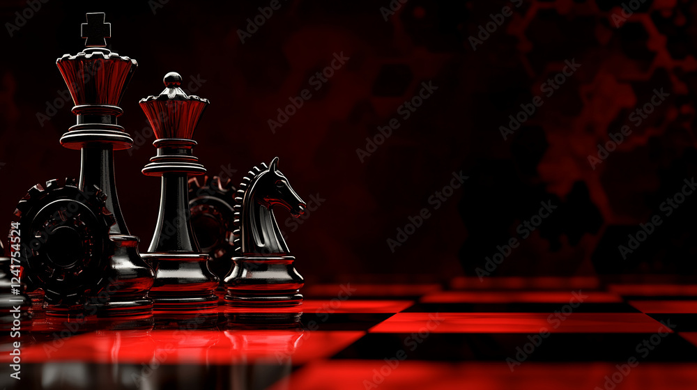 Poster close-up of a black and red chessboard with a focus on the king, queen, and knight chess pieces in a