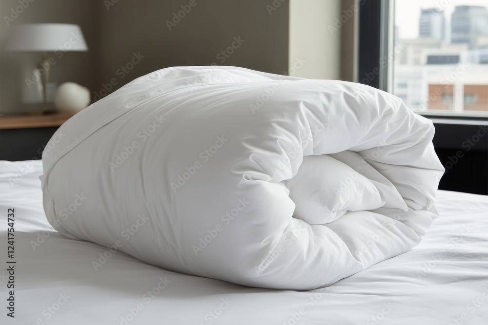 Poster neatly arranged pillow sits on a folded duvet with gentle textures, illuminated by natural light str