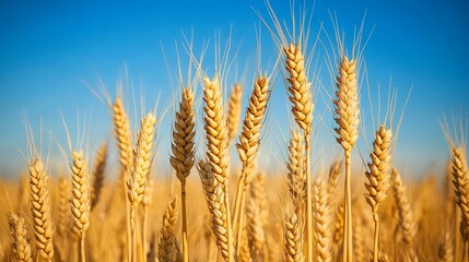 Golden wheat stalks swaying under a clear blue sky in a sunlit field during peak harvest season