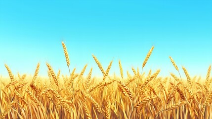 Golden wheat field under a clear blue sky with ripe grain swaying in the warm breeze during harvest season