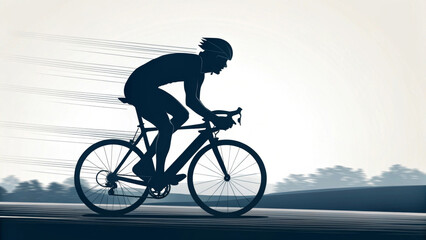 Fototapeta premium A silhouette of a cyclist rides swiftly along a track, conveying a sense of speed and motion. The blur effects in the background accentuate the fast-paced movement.AI