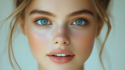 Elegant Close-Up Portrait of a Young Woman with Blue Eyes, Flawless Skin, and Soft Natural Makeup

