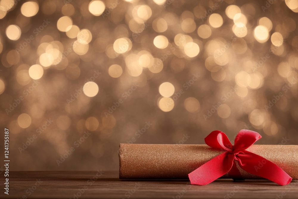 Aufkleber A single holiday cracker gleams in gold with a vibrant red ribbon, illuminated by a soft glow. Perfect for adding festive charm to any celebration