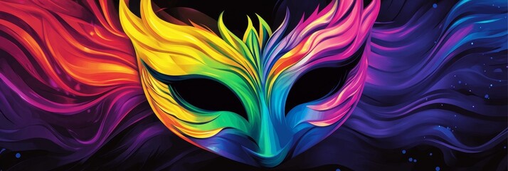 Rainbow Mardi Gras Mask Design - Festive Mardi Gras mask, vibrant rainbow colors, swirling design, celebration, mystery. Symbolizing joy, disguise, creativity, fantasy, and celebration.