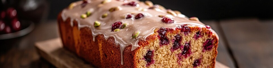 A close-up view of a freshly baked loaf of cake on a wooden cutting board, ready to be sliced and served