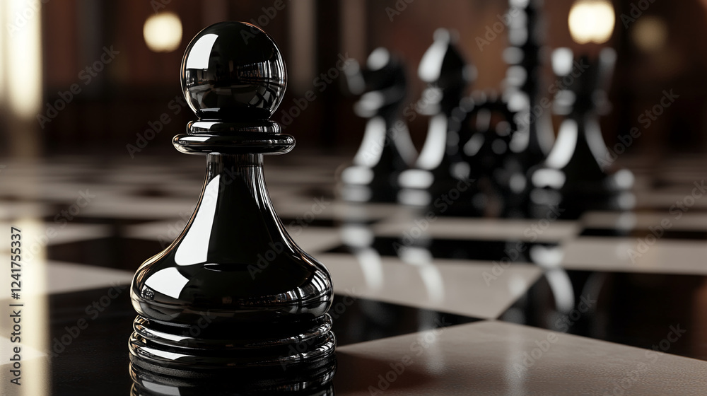 Poster close-up of a black pawn piece on a chessboard with blurred pieces in the background, symbolizing st