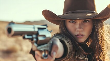 Confident female cowboy aiming a revolver in a desert landscape with a determined expression and western attire