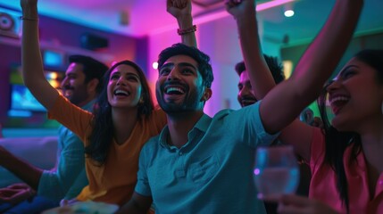 Group of people enjoying and celebrating together, arms held high