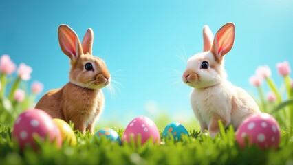 Cute Easter bunnies with Easter eggs on a green meadow with grass and flowers sunny spring clear day. Greeting card with Easter holiday concept with space for copying