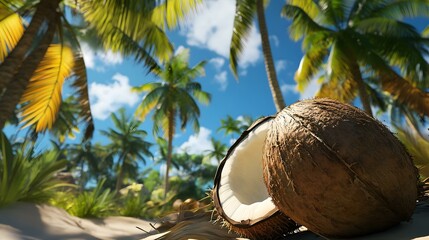 Tropical beach scene with a cracked coconut on golden sand surrounded by lush palm trees under a bright blue sky