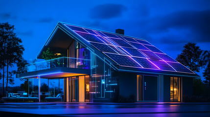 Obraz premium Sustainable smart home with solar panels and energy storage, designed for energy optimization and creating a green, self-sustaining living environment for modern living.
