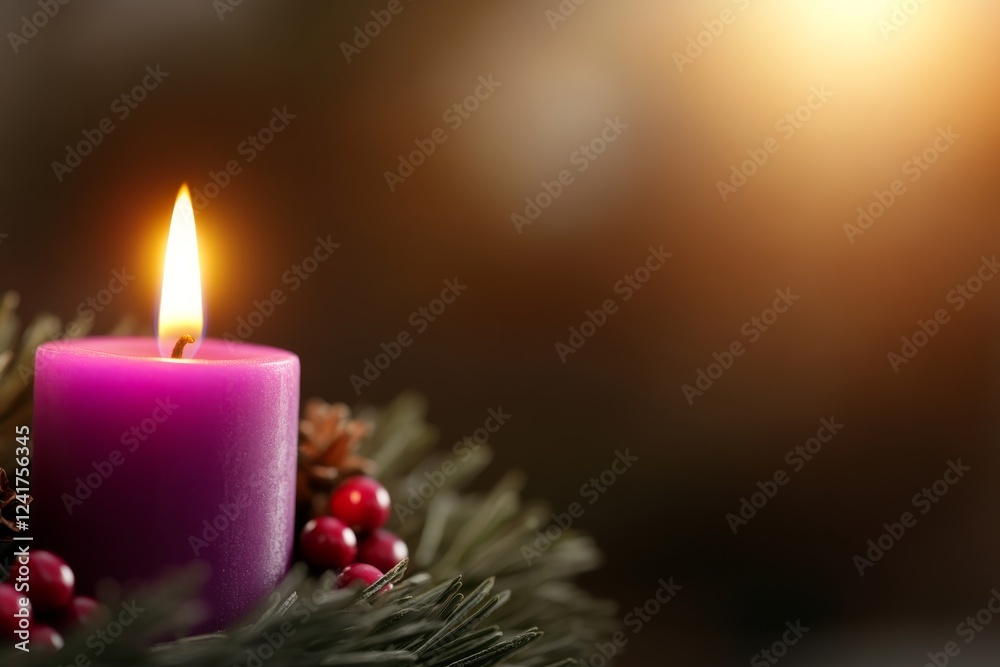 Poster a purple candle flickers warmly atop an advent wreath made of evergreen branches and adorned with re