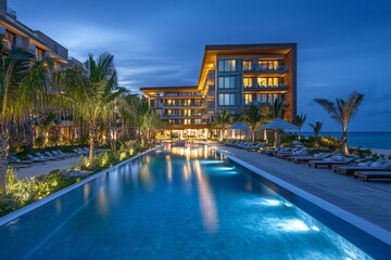Luxury hotel with illuminated swimming pool at dusk