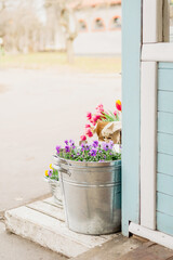Flower fair in spring. Bouquets of flowers, tulips