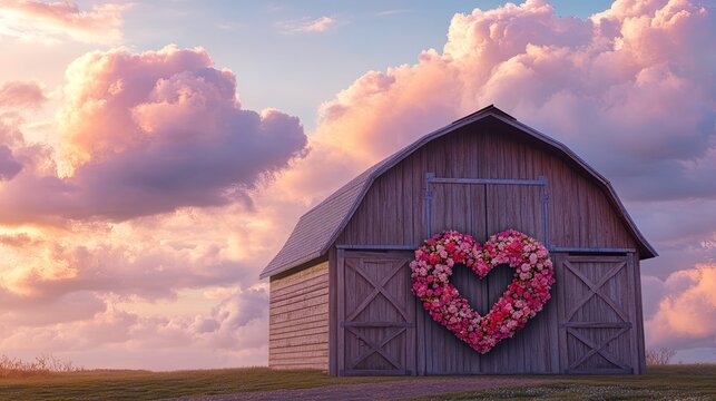 A quiet farm scene featuring a picturesque barn with a massive heart-shaped floral wreath displayed on its wooden doors