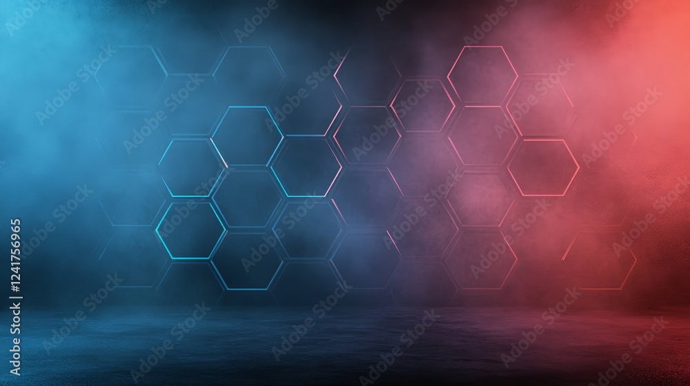 Aufkleber Glowing neon hexagons arranged in dynamic patterns create an immersive, futuristic ambiance against a dark backdrop, featuring ample space for additional text