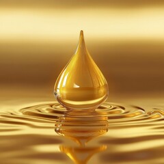 golden water drop with ripples on golden background, 3d illustration