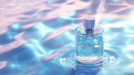 Refreshing Aqua Perfume Bottle - A clear glass perfume bottle floats on calm blue water, creating gentle ripples.  The bottle is filled with a light blue liquid.