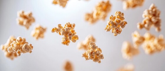 Airy popcorn kernels floating, studio shot, light background, food advertising