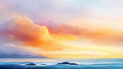   A stunning depiction of a sunset on a tranquil body of water, featuring a boat adrift and a majestic mountain fading into the horizon