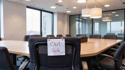 Office chair with "Out Sick" note in a conference room. Informational, business communication, absence notice, blogs, articles about work policies, employee well-being.