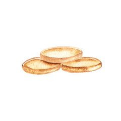 Heap of Golden coins, Money stack pile. Hand drawn watercolor US dollar currency illustration isolated on a white background. Symbol of wealth and riches. Business and finance concept design element.