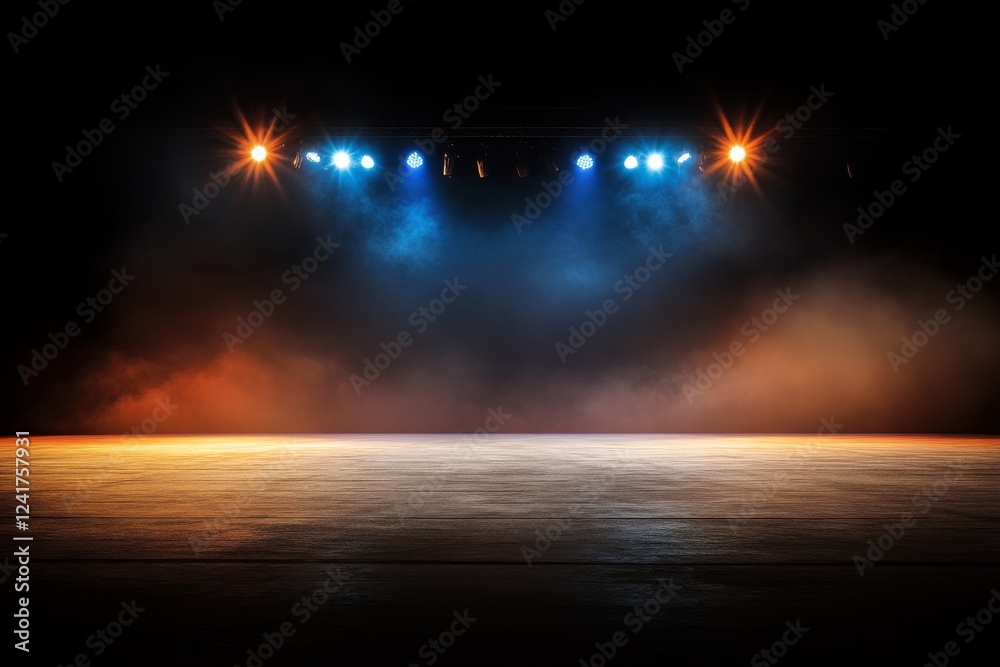 Poster an empty theater stage is filled with colorful lights illuminating dense smoke that rises toward the