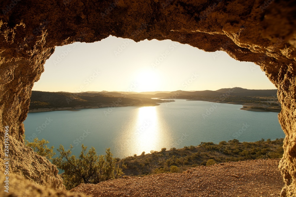 Poster sunlight filters through a cave entrance, casting a golden glow on the calm lake water as it reflect