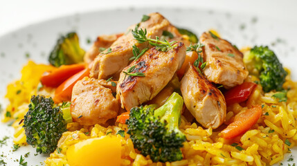 Fototapeta premium Close up of vibrant chicken and rabbit paella with vegetables for culinary inspiration