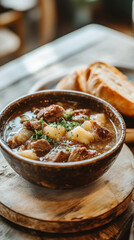 Hearty lamb stew in rustic bowl with bread - comfort food dining experience