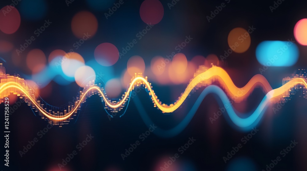 Poster vibrant glowing wave lines in gold and blue create a sense of motion amidst blurred bokeh lights, ev
