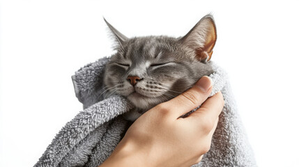 Caring grooming session with cat being dried gently in cozy towel