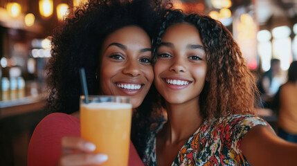Mother and teenage daughter enjoying a day out together in a warm and joyful setting
