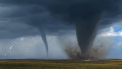 Tornadoes and lightning storm over a field