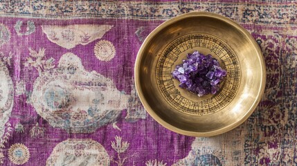 Cosmic Wellness Decor Brass Astrological Wheel with Amethyst on Celestial Fabric - Spiritual Content Creation and Holistic Interior Design