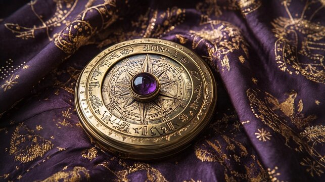 Cosmic Wellness Decor Brass Astrological Wheel with Amethyst on Celestial Fabric - Spiritual Content Creation and Holistic Interior Design