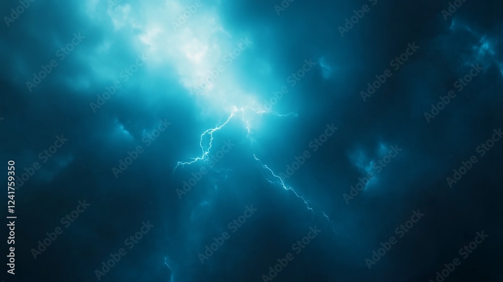 Poster a vivid blue lightning bolt strikes against a dark and stormy sky, showcasing dramatic branching pat