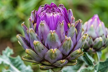Purple artichoke flower head is blooming in a garden, displaying its vibrant violet petals