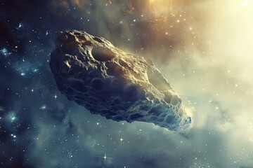 Large asteroid is traveling through outer space with a nebula in the background