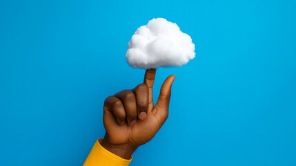 Cloud Computing Concept: A hand gently rests a fluffy white cloud on its index finger against a vibrant blue background, symbolizing the accessibility and ease of cloud-based technology.
