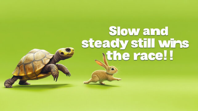 Humorous birthday card with cartoon tortoise racing against rapid rabbit