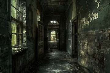 Fototapeta premium Dark, decaying hallway with broken windows is illuminated by sunlight streaming through a doorway at the end of the hall