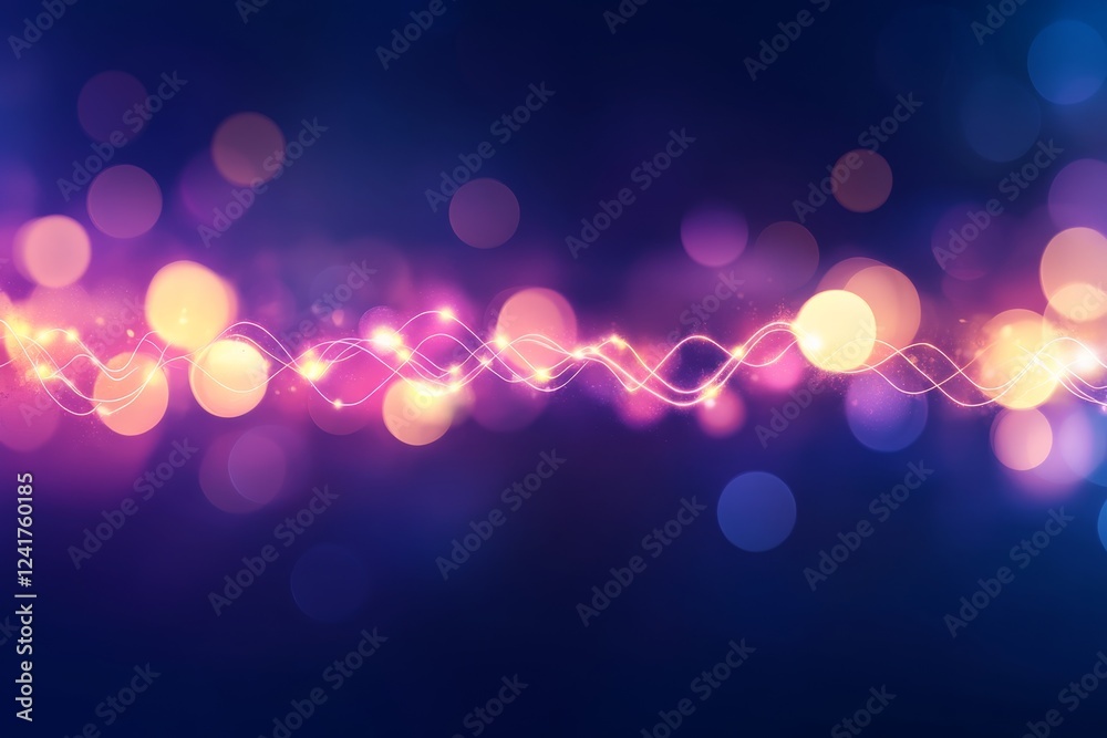 Aufkleber abstract pink and blue neon wave lines intertwine amid blurred bokeh lights, illustrating a digital 