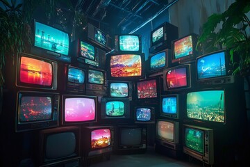 Fototapeta premium Wall of vintage televisions displaying colorful cityscapes and landscapes