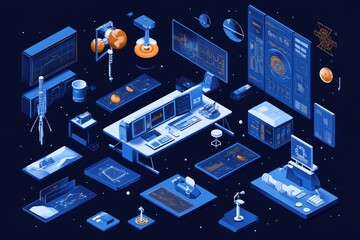 Fototapeta premium Futuristic Space Technology Control Center Design. Isometric Illustration of a Modern Data Visualization System in a Space Station.