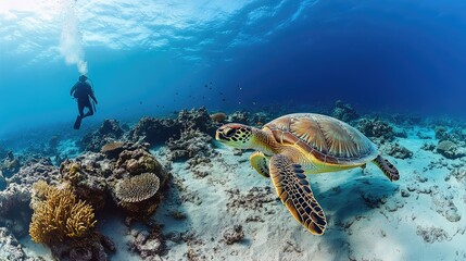 Fototapeta premium Sea turtle swimming in turquoise water over coral reef