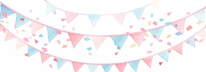 Cute pink and blue banner with light gray triangular flags on a white background