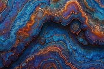 Achat farbig blau im Hintergrund, transparente Scheibe, Makro-Mikroskopie von Mineralien und Heilsteinen
