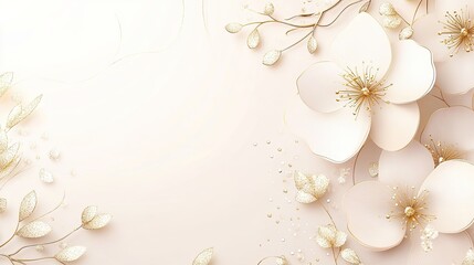 Elegant paper flowers, gold accents, pastel background, wedding invitation design