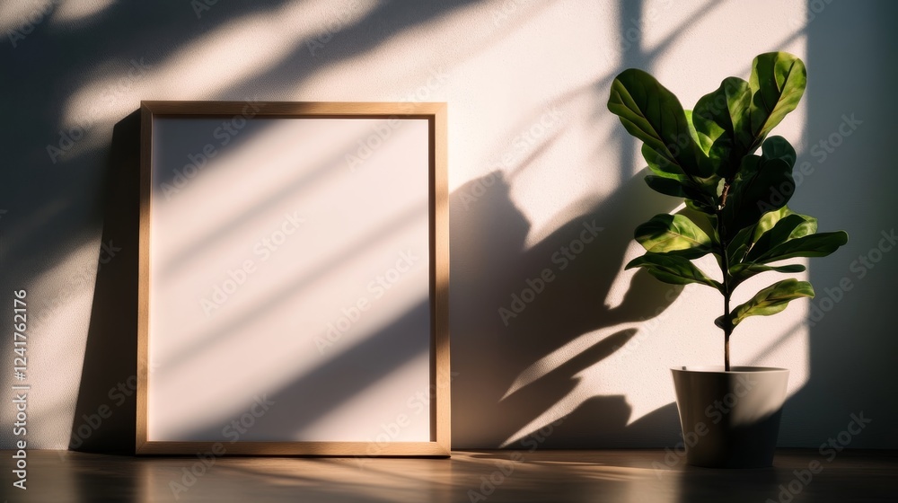 Poster wooden frame leans on a white wall next to a potted green plant, creating a calm minimalist setup wi